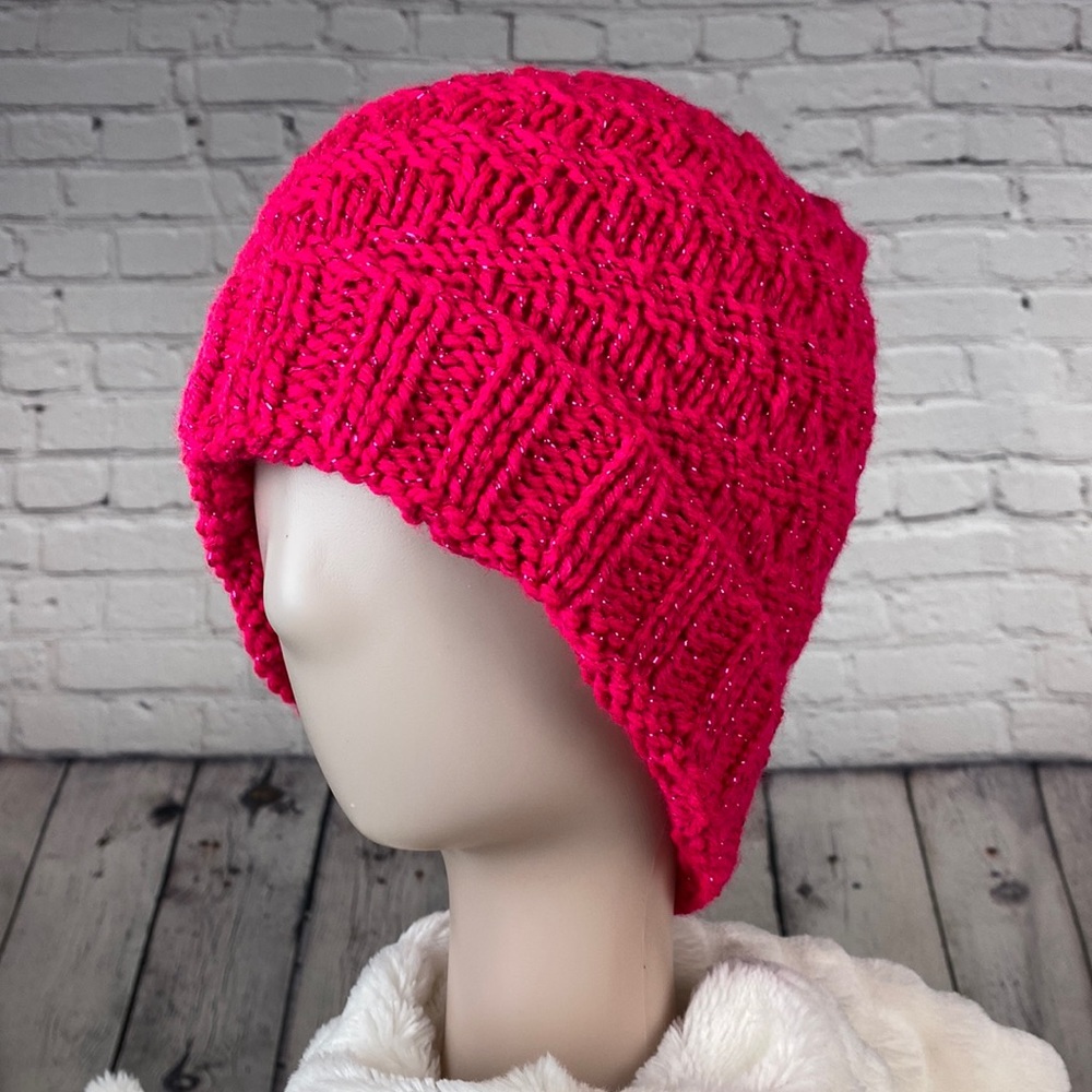 Homemade Metallic Hot Pink Crocheted Knit Yarn Hat